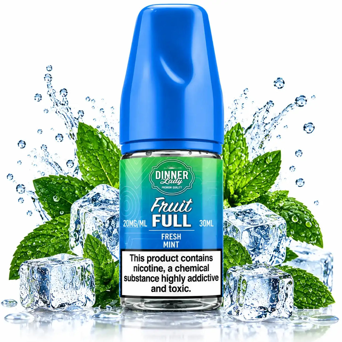 A 30ml bottle of Dinner Lady Fruit Full e-liquid, Fresh Mint flavor, shown with a blue cap and a green-to-blue gradient label. The bottle is surrounded by ice cubes, and fresh green mint leaves on a white background.