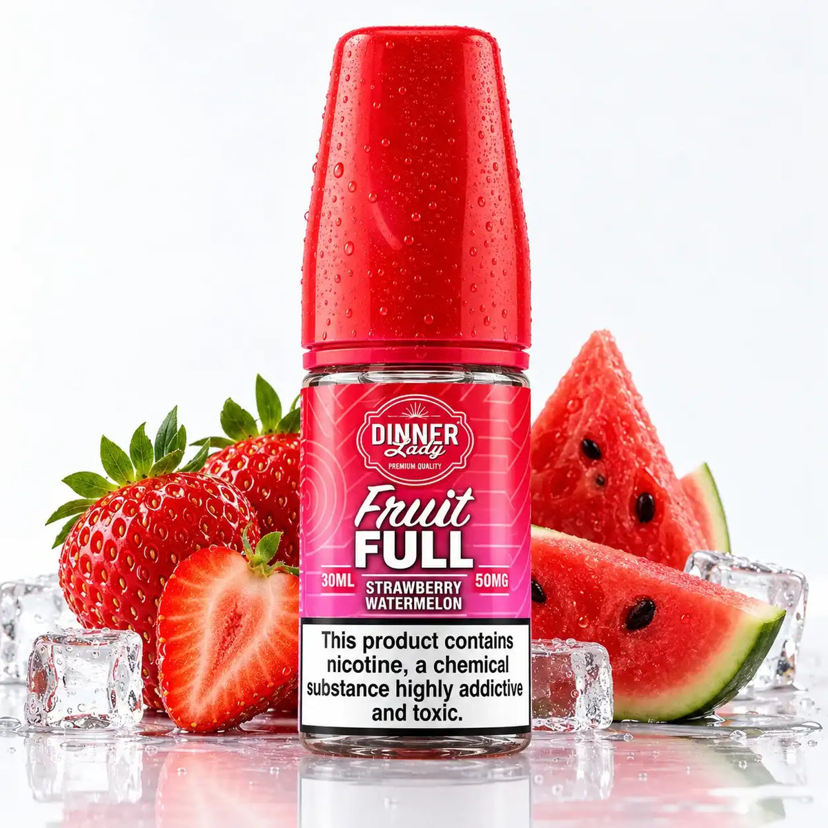 A bottle of Dinner Lady Fruit Full e-liquid, strawberry watermelon flavor, shown with fresh strawberries, watermelon slices, and ice cubes on a reflective white surface against a white background.