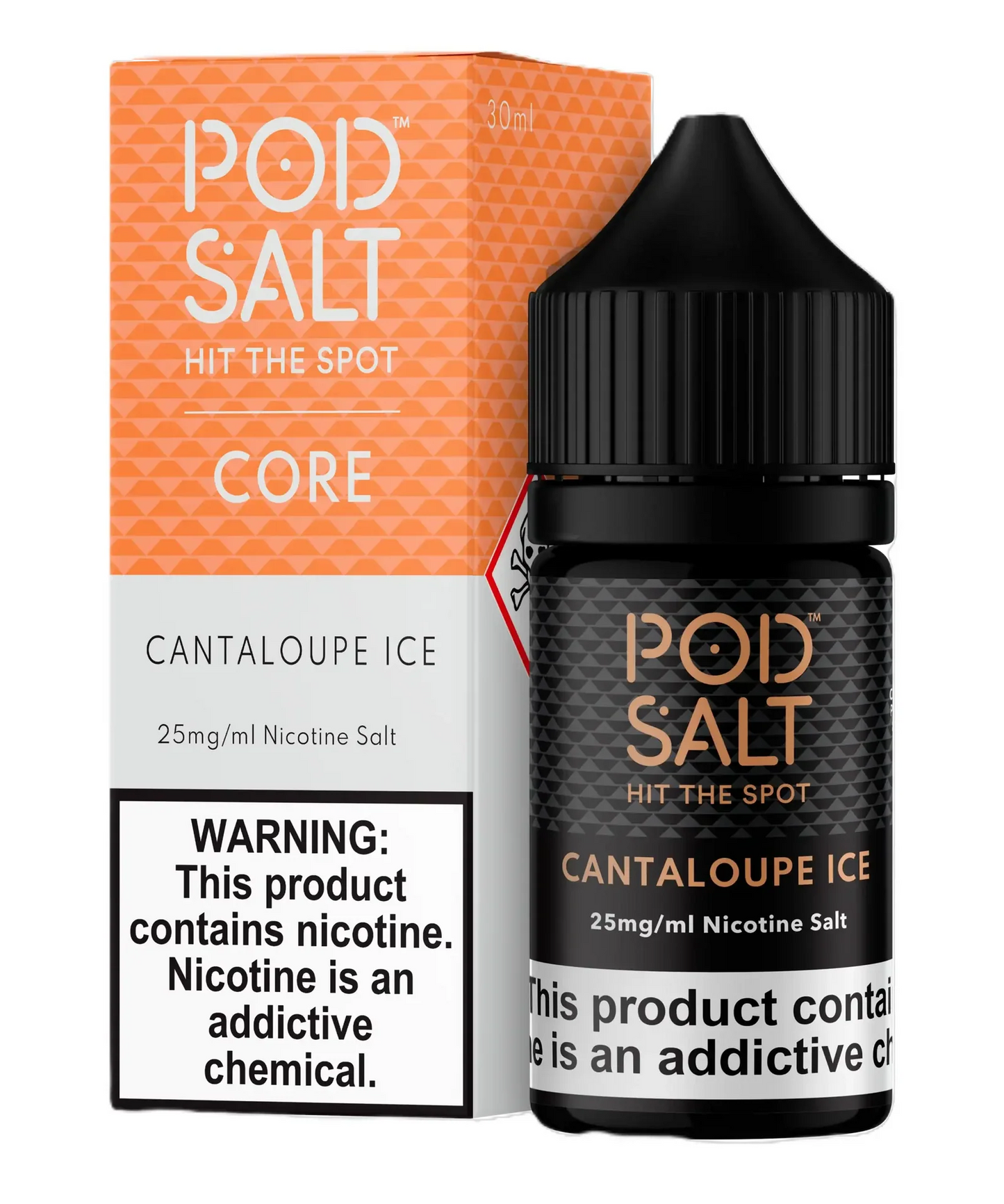Pod Salt Cantaloupe Ice nicotine salt packaging with warning label on a white background