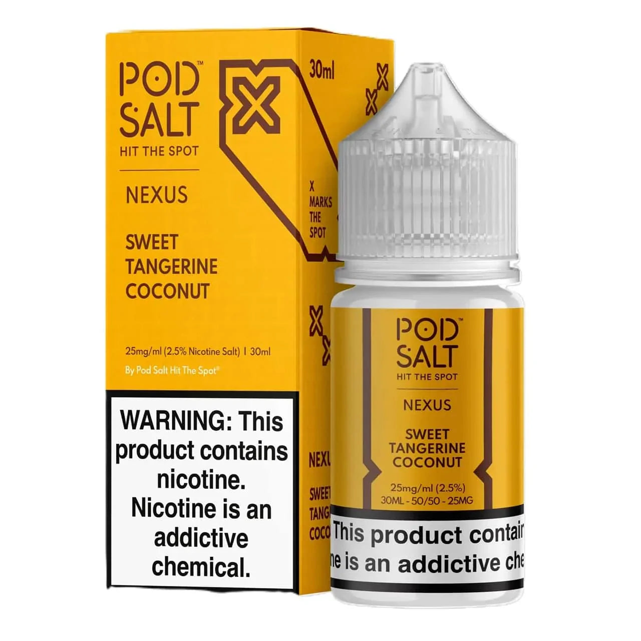POD Salt e-liquid bottle and packaging with nicotine warning label on a white background