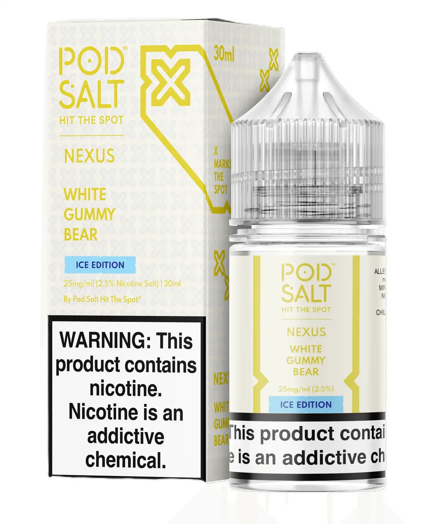 Pod Salt Nexus White Gummy Bear ice edition vape juice packaging with warning label.