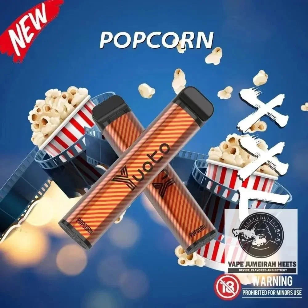 Two vape devices with popcorn buckets on a blue background, featuring the brand 'Yuoto'.