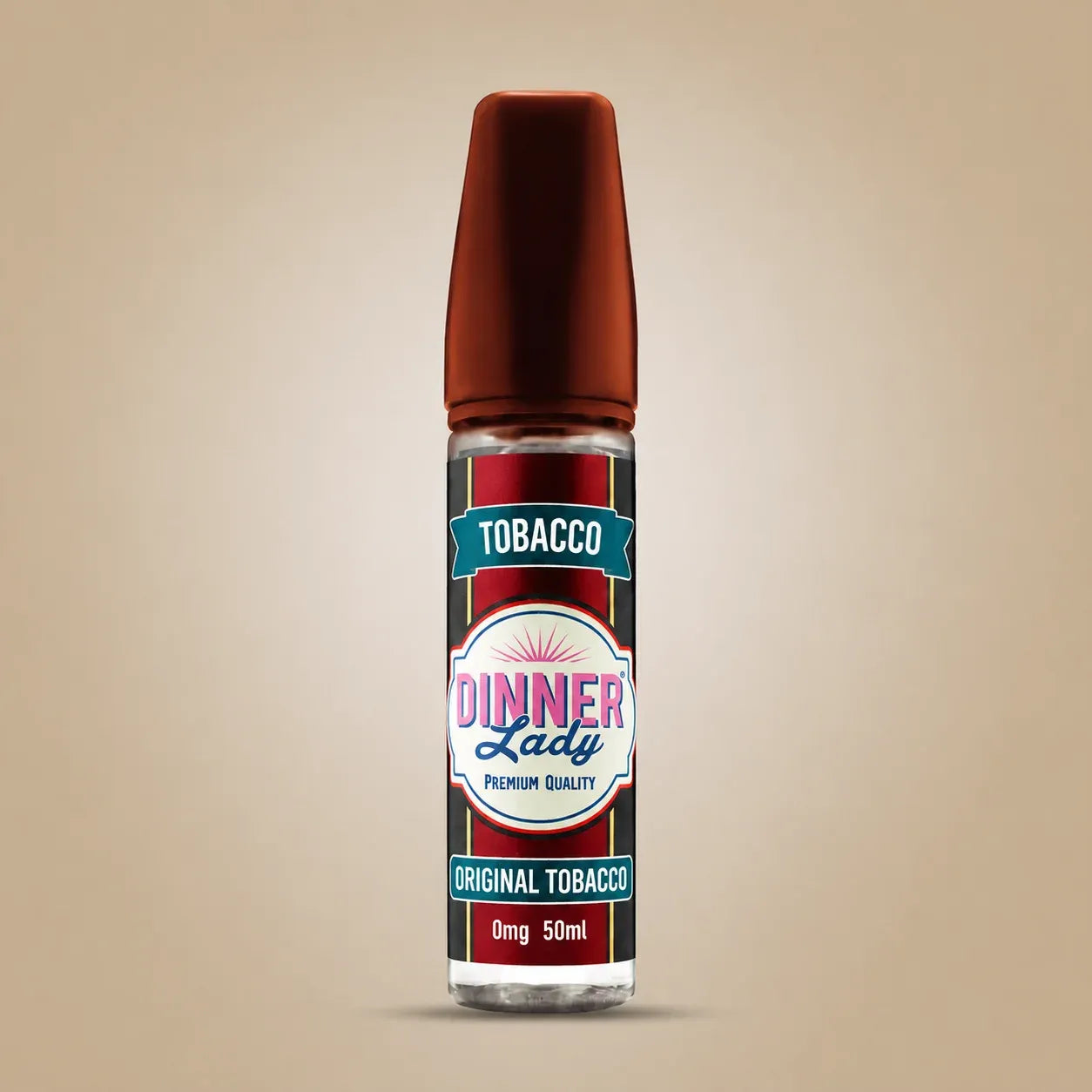 A 50ml bottle of e-liquid with a dark brown cap, featuring a label for 'Dinner Lady Original Tobacco'