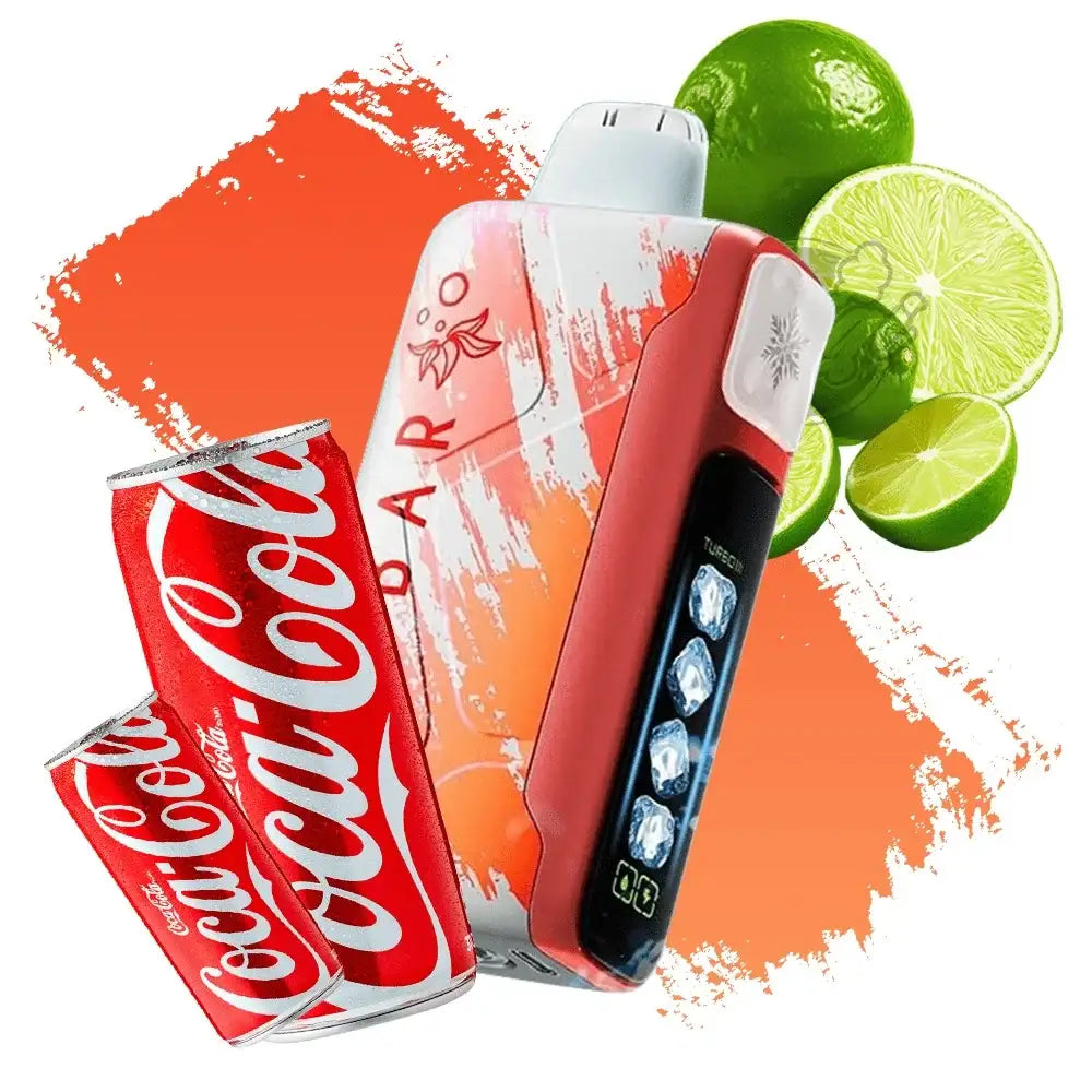 Red elfbar vape device with Coca-Cola branding, surrounded by lime slices on a white background