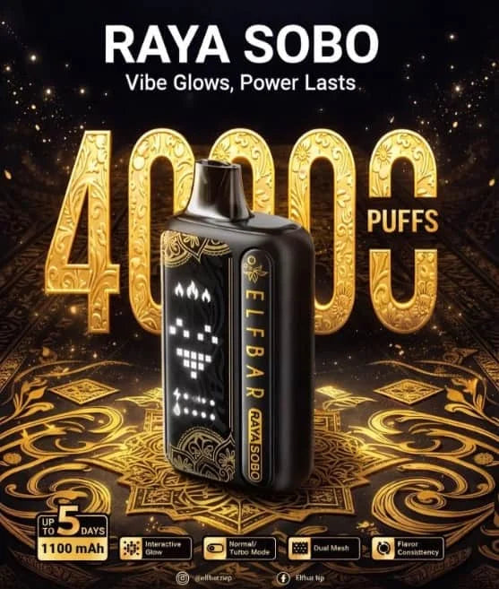Elfbar vape device with 'Raya Sobo' branding and promotional text on a dark background