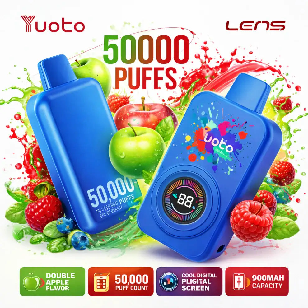 Blue yuoto lens vape device with fruit graphics on a colorful background