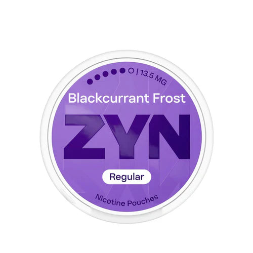 ZYN Blackcurrant Frost nicotine pouches packaging on a white background