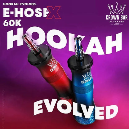 Two hookah devices with 'Crown Bar' branding on a purple background, featuring text about 'E-HOSEX 60K Hookah Evolved'.