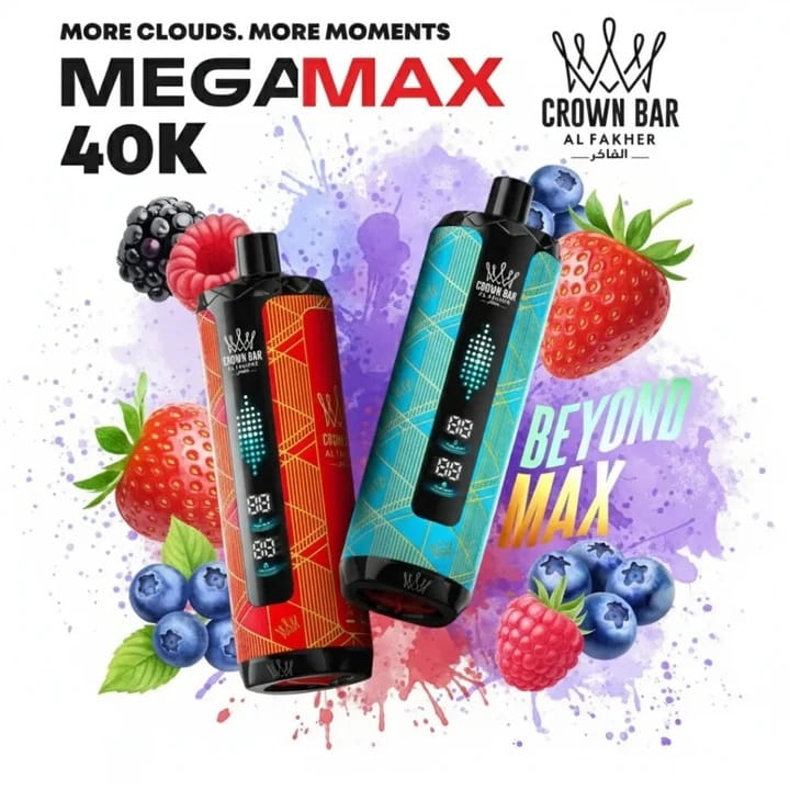 Two Crown Bar Al Fakher megamax 40k disposable vape devices shown side-by-side against a white background with colorful berry and strawberry illustrations and purple paint splatters. One vape is red and orange, and the other is blue and teal.