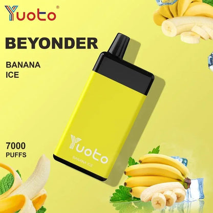 A Yuoto Beyonder disposable vape device in Banana Ice flavor, shown at an angle against a bright yellow background decorated with banana slices, mint leaves, and ice cubes.