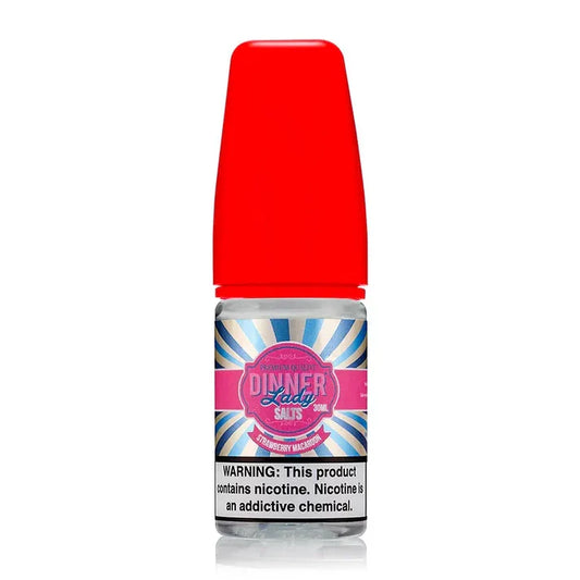 Dinner Lady Salts Strawberry Macaroon bottle with red cap on a white background