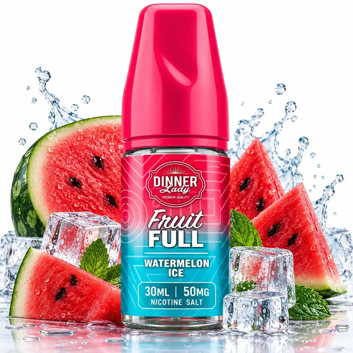 A bottle of Dinner Lady Fruit Full Watermelon Ice nicotine salt e-liquid, shown with watermelon slices, mint leaves, and ice cubes on a white background with water splashes.