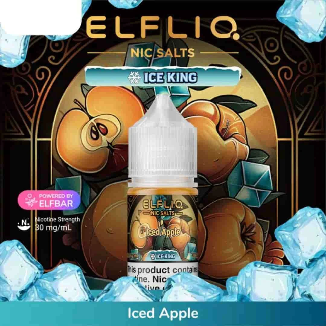 Elfliq Ice King Iced Apple vape juice bottle with ice cubes and decorative elements on a dark background