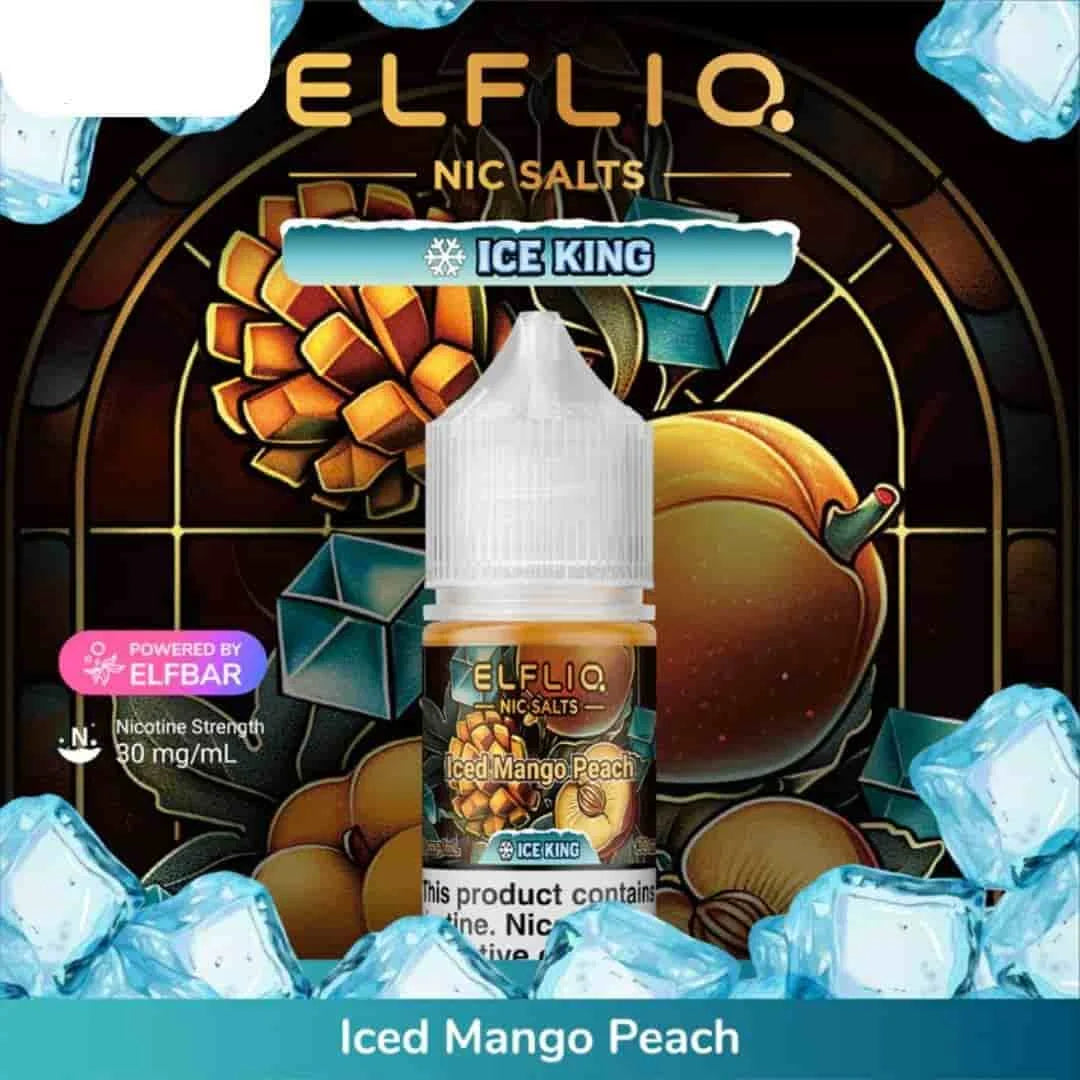 Elfliq Ice King Iced Mango Peach vape juice bottle with ice cubes and colorful background