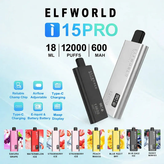 Elfworld i 15 pro vaping device with features and flavors displayed on a light blue background