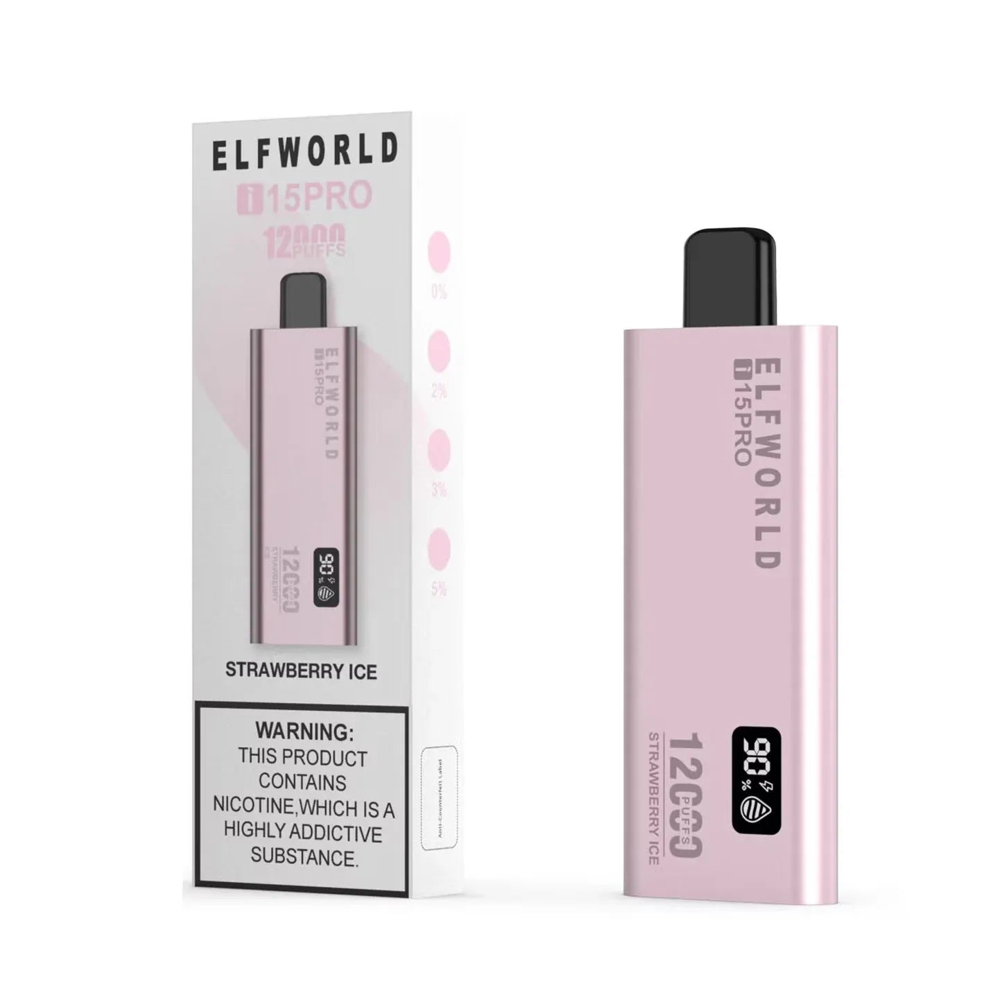 Pink vape device of elfworld i 15 pro vape and packaging on a white background