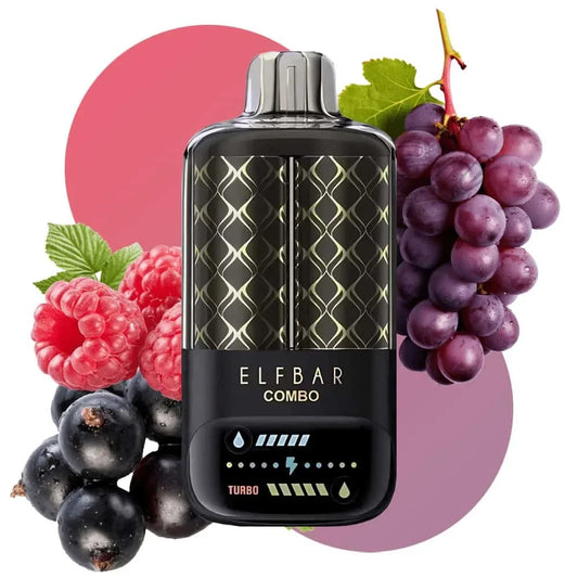Elfbar Combo vape device surrounded by berries on a white background