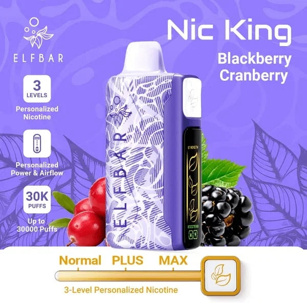 Elf Bar vape device with blackberry and cranberry graphics on a purple background