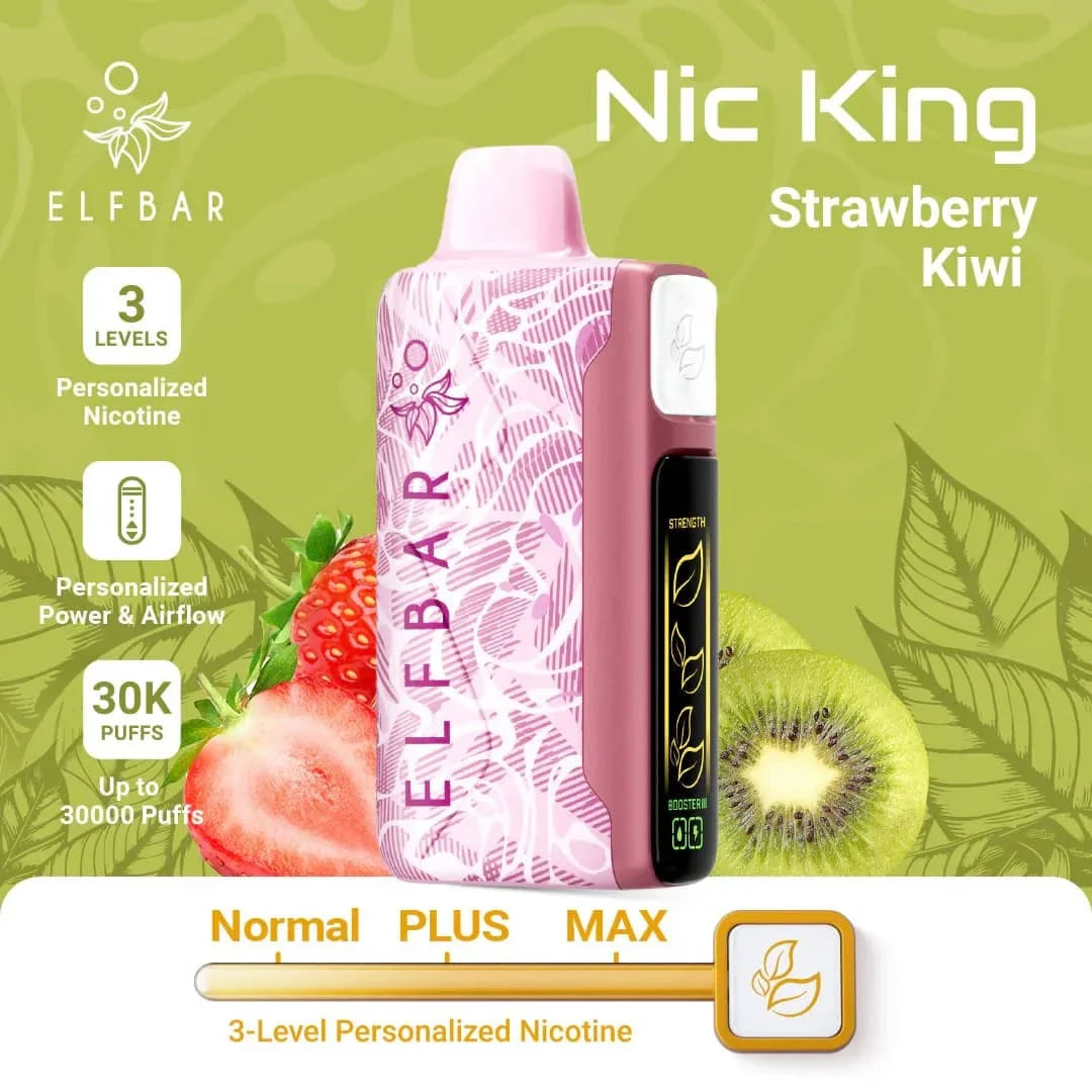 Elf Bar nic king vape device with strawberry kiwi flavor on a green background