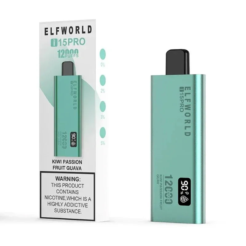 Elf World i 15 pro kiwi passion fruit guava vape device and packaging on a white background