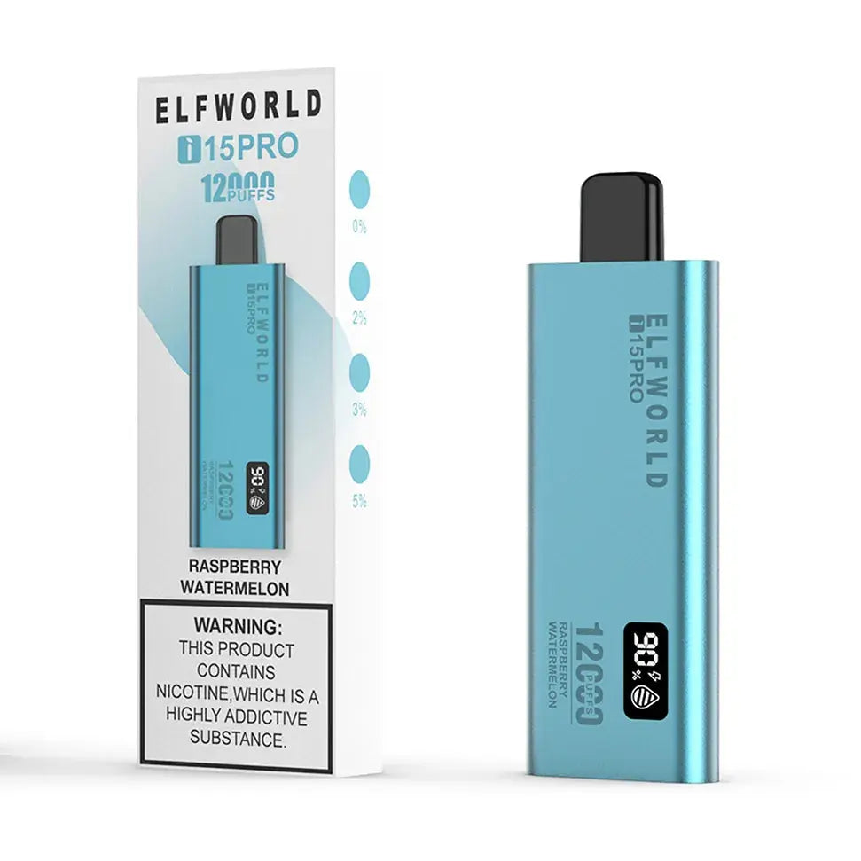 Elf World i 15 pro vape device raspberry watermelon and packaging on a white background