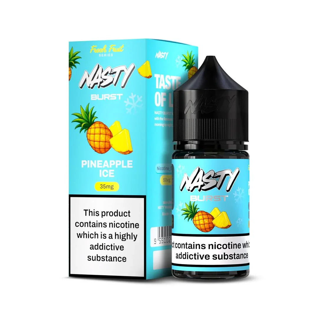 Nasty burst Pineapple Ice vape juice bottle and packaging on a white background