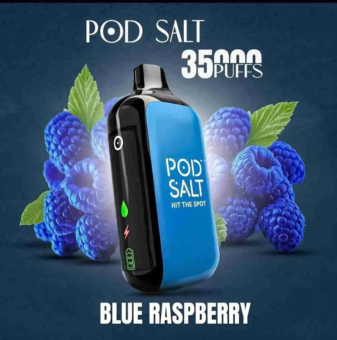 pod salt 35k vape blue raspberry with blueberries in background