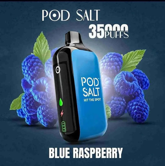 pod salt 35k vape blue raspberry with blueberries in background