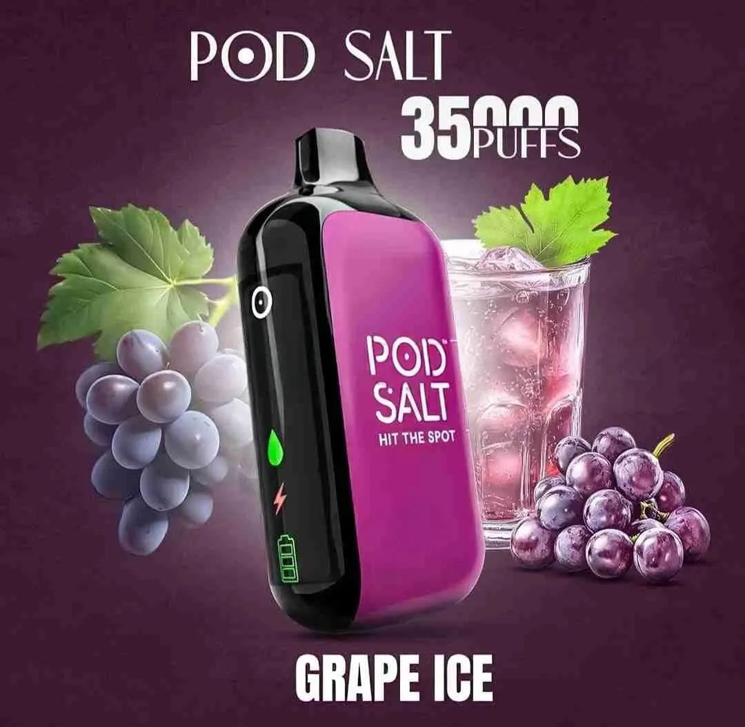 pod salt 35k vape grape ice with grapes in background