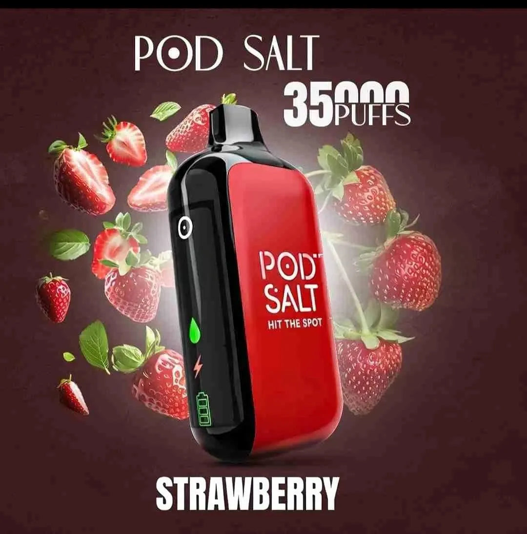 pod salt 35k vape strawberry with strawberries in background