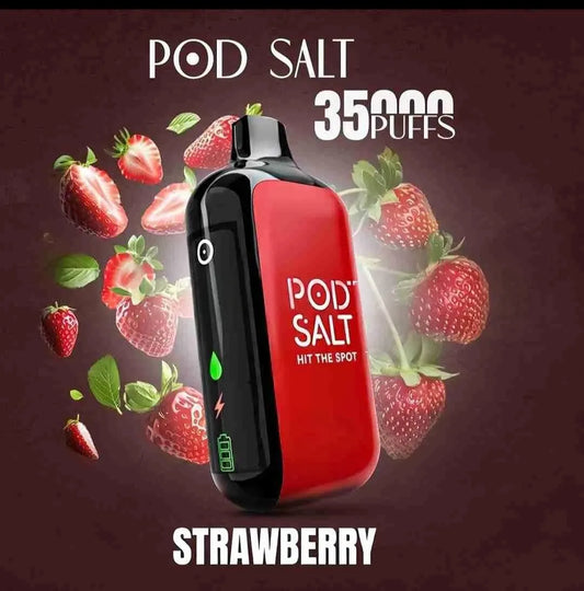 pod salt 35k vape strawberry with strawberries in background