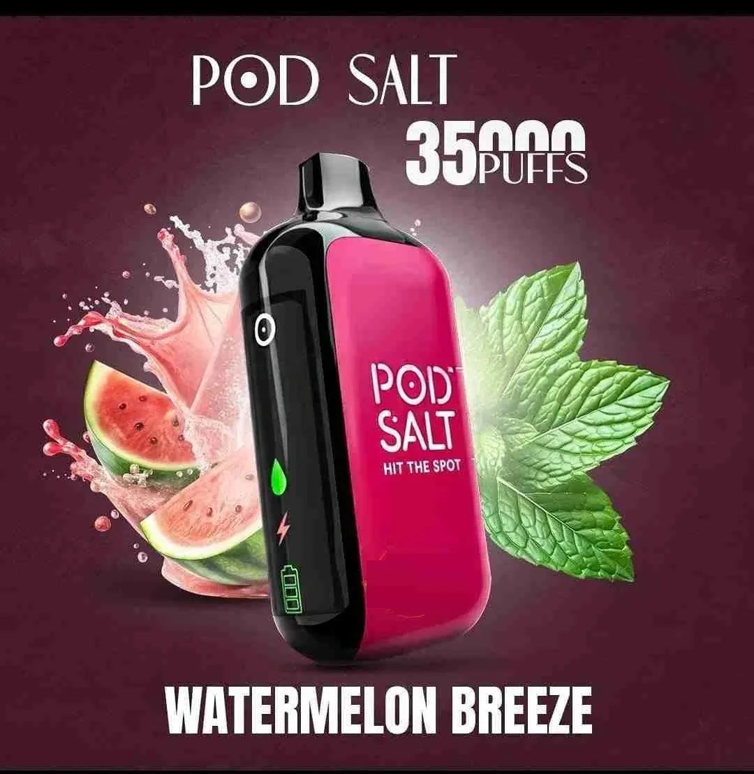 pod salt 35k vape watermelon breeze with sliced watermelon and ice cubes in background
