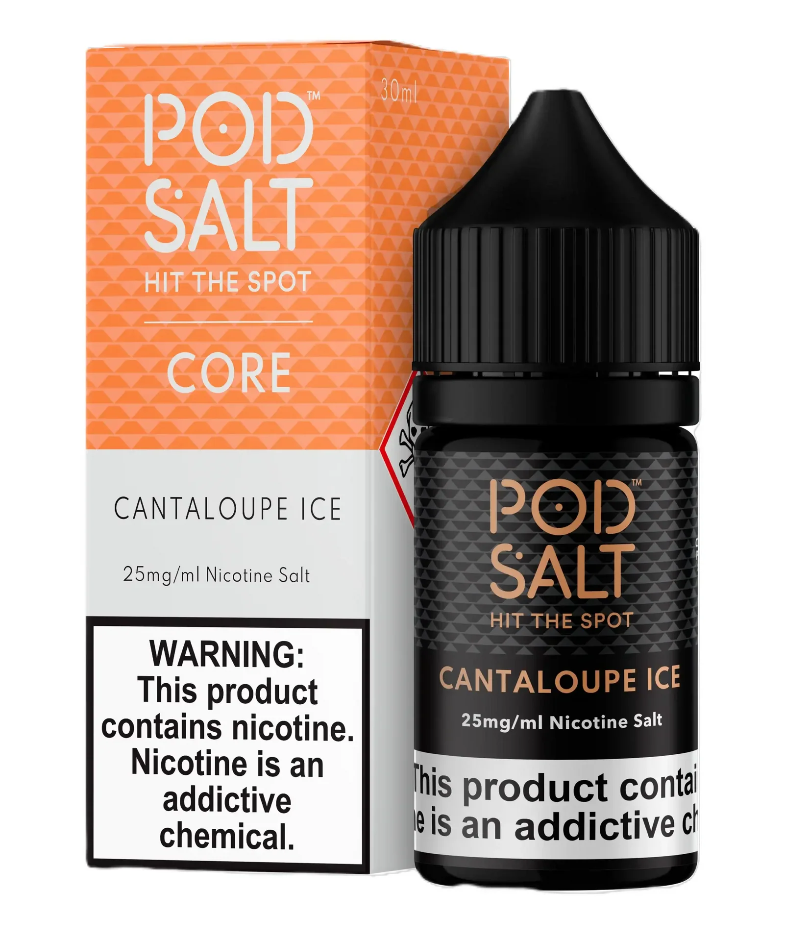 Pod Salt Cantaloupe Ice nicotine salt packaging with warning label on a white background