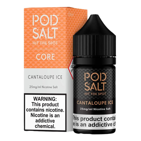 Pod Salt Cantaloupe Ice e-liquid bottle and packaging on a white background