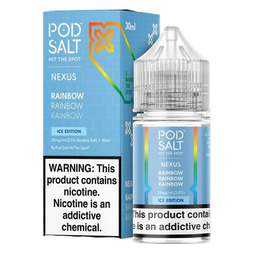 Pod Salt Nexus Rainbow Ice Edition e-liquid bottle and packaging on a white background