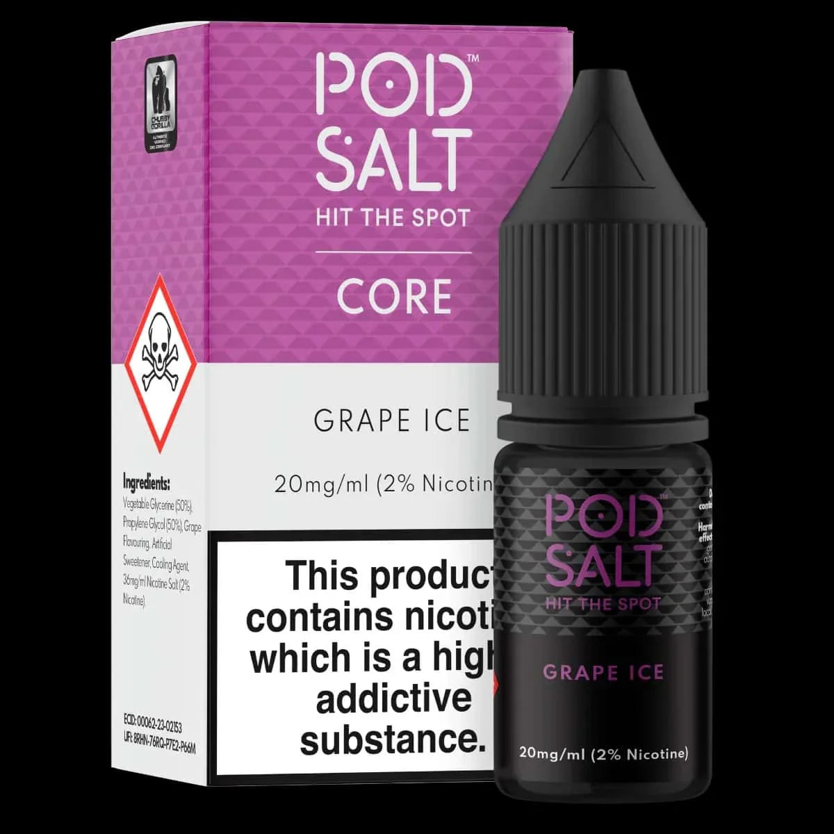 Pod Salt Grape Ice nic salt bottle and packaging on a black background