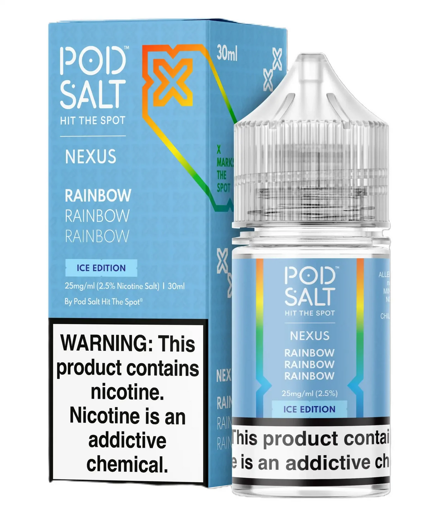Pod Salt Nexus Rainbow Ice Edition vape juice packaging with warning label on a white background