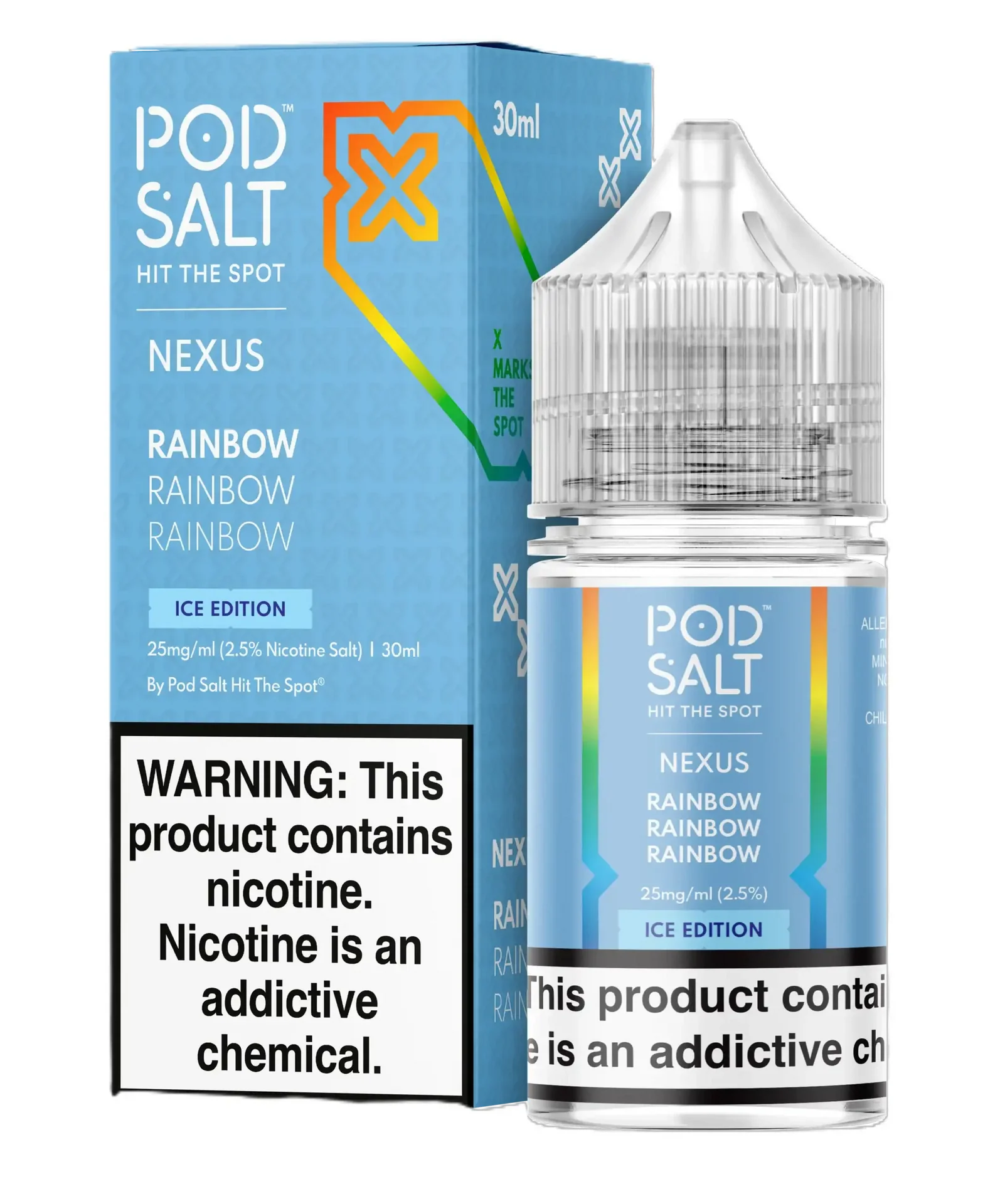 Pod Salt Nexus Rainbow Ice Edition vape juice packaging with warning label on a white background