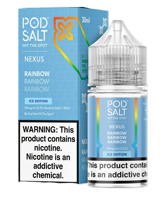 Pod Salt Nexus Rainbow Ice Edition vape juice packaging with warning label on a white background