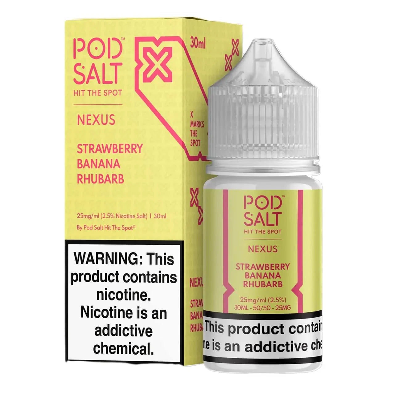 Pod Salt Nexus Strawberry Banana Rhubarb e-liquid bottle and packaging on a white background