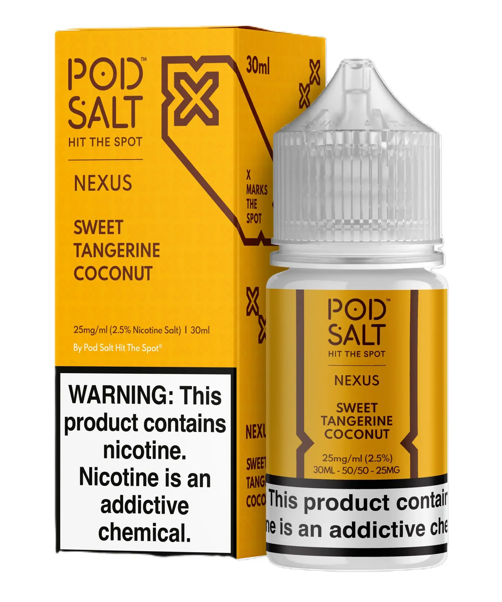 Pod Salt Nexus Sweet Tangerine Coconut e-liquid bottle and packaging on a white background