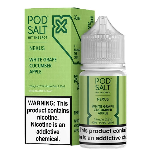 Pod Salt Nexus White Grape Cucumber Apple e-liquid bottle and packaging on a white background