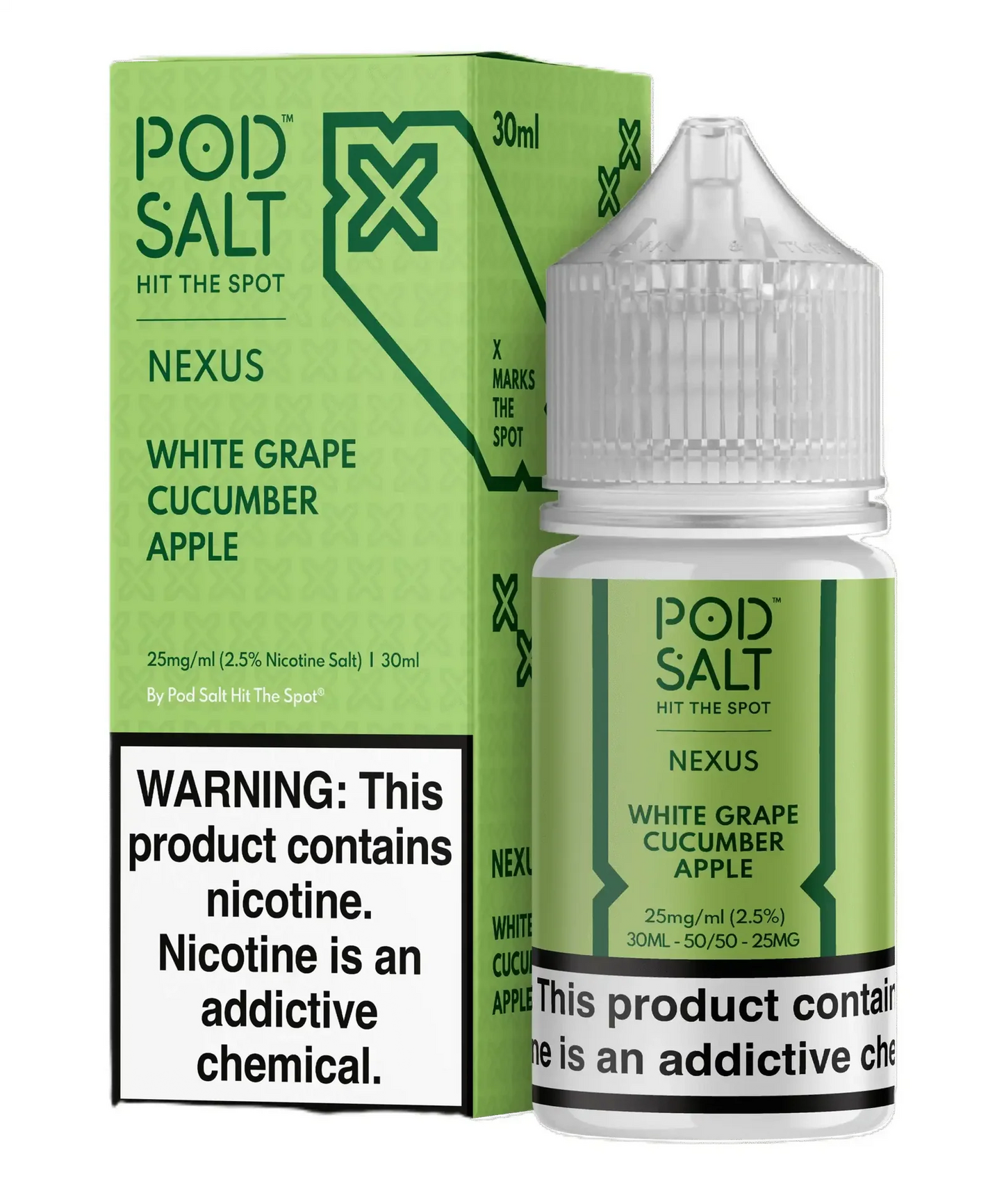 Pod Salt Nexus White Grape Cucumber Apple e-liquid bottle and packaging on a white background