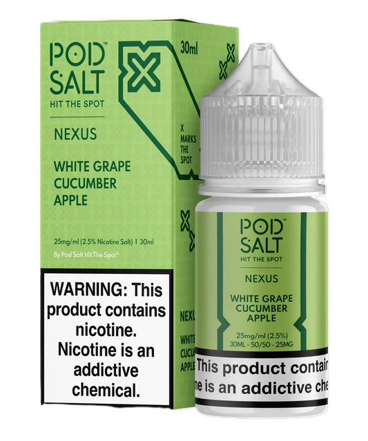 Pod Salt Nexus White Grape Cucumber Apple e-liquid bottle and packaging on a white background