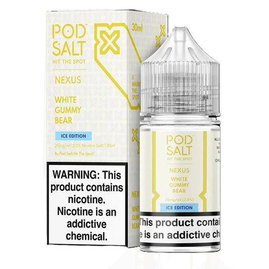 Pod Salt Nexus White Gummy Bear ice edition e-liquid bottle and packaging on a white background