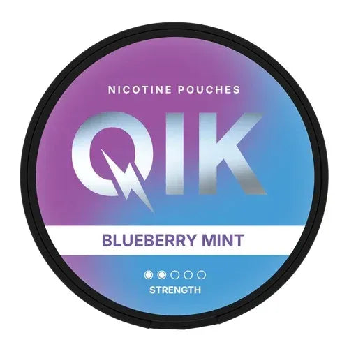 A round black-lidded container of QIK Blueberry Mint nicotine pouches, featuring a purple-to-blue gradient label with the silver QIK logo and product text.