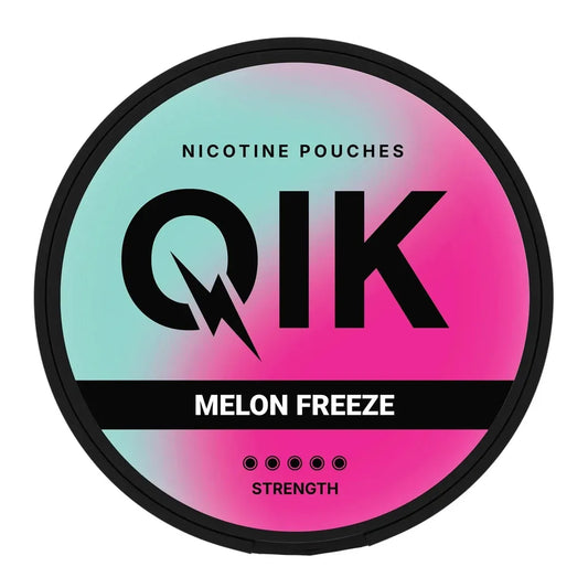 A round nicotine pouches container of 'QIK', and the flavor 'MELON FREEZE' is written in white text.