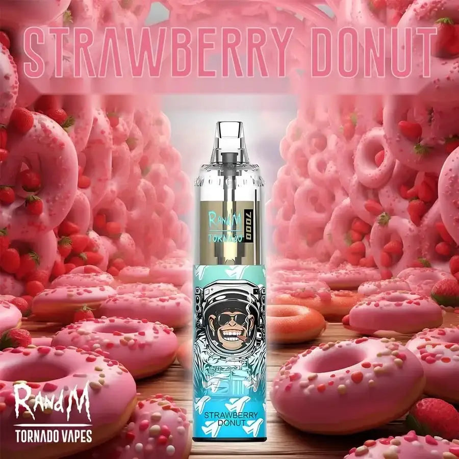 A clear disposable vape device labeled 'RAND M Tornado Vapes Strawberry Donut' stands centered on a wooden surface, surrounded by pink frosted donuts and strawberries.