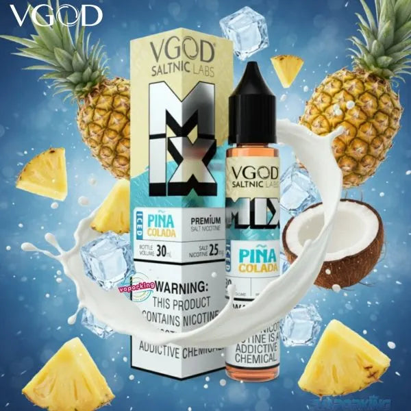 VGOD Pina Colada vape juice packaging with pineapple, coconut, and ice cubes on a blue background.