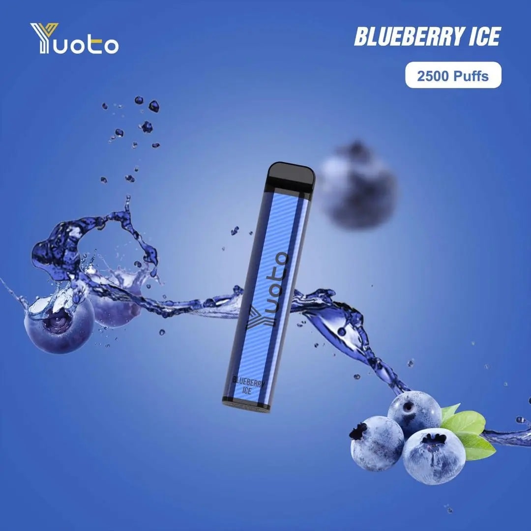 Yuoto vape device with blueberries and water splash on a blue background